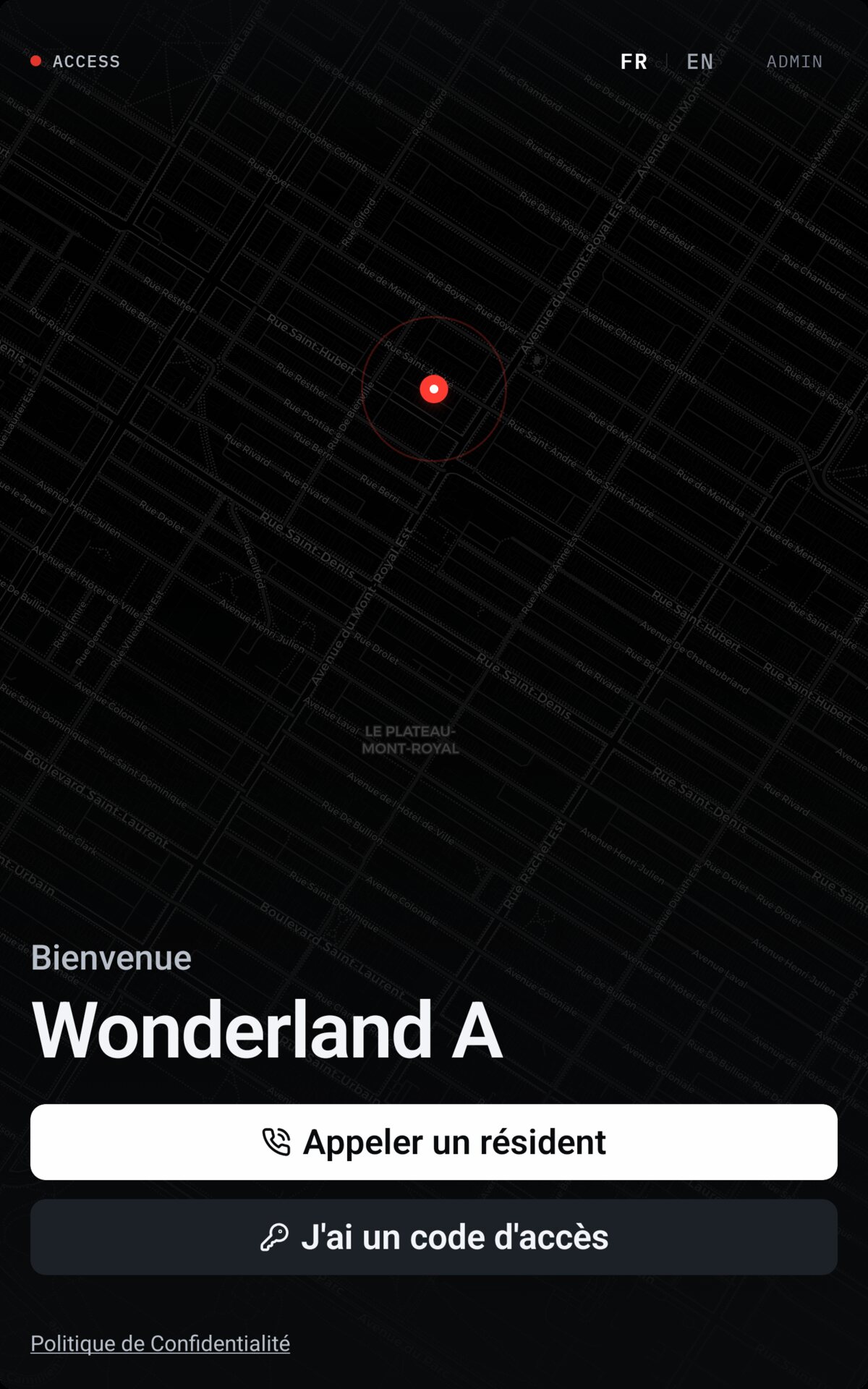Écran d’accueil de la borne Accès : plan du quartier, nom de l’immeuble, « Appeler un résident » et « J’ai un code d’accès », bascule français-anglais.